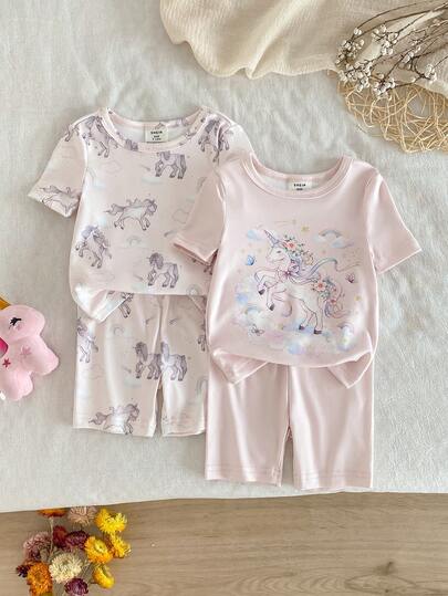 Conjunto de 4 piezas de ropa informal y cómoda para niñas bebés con estampado de unicornio púrpura elegante, de cuello redondo y manga corta