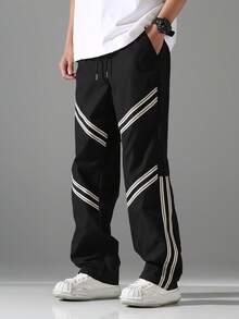 Manfinity Hypemode 男士条纹抽绳腰带口袋休闲直筒裤 - 黑色 - 查看 1