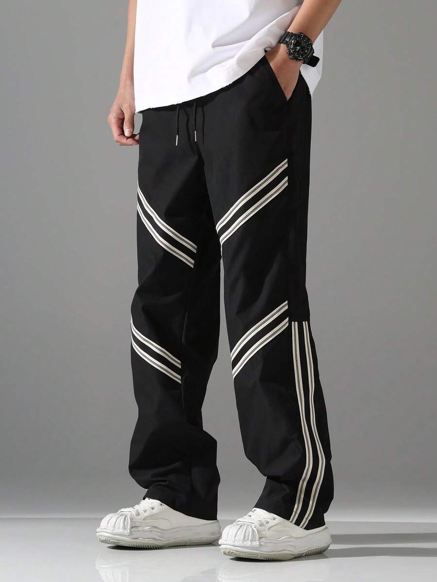 Manfinity Hypemode 男士条纹抽绳腰带口袋休闲直筒裤 - 黑色 - 查看 1