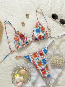 Swim Vcay 2pcs/Set Women's Summer Beach Vacation Ocean Print Strap Bikini Set - Multicolor - View 2