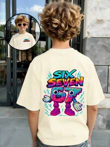 SHEIN Streecool Kids 男童休闲时尚创意个性清新高端简约数字67卡通积木闪电标语印花宽松基础款短袖T恤，舒适日常穿着，适合春、夏、秋季穿着。 - 米色 - 查看 9