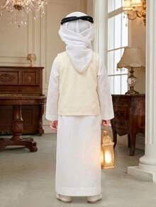 SHEIN Bộ 2 món gồm áo vest in hình sao và trăng cổ điển và áo sơ mi dài cổ đứng, trang phục thường ngày cho bé trai, thích hợp đi học, sinh nhật, mùa xuân, hè, thu. - trắng - Xem 6