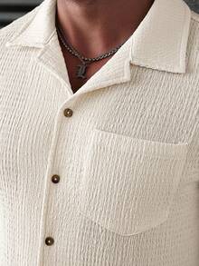 Manfinity Homme 男士短袖纹理面料前开襟休闲夏季衬衫 - 杏色 - 查看 4