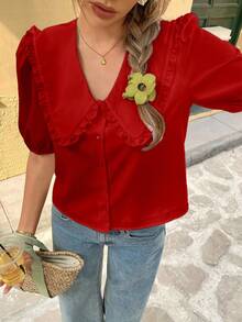 Franclia Fashionable Casual Versatile Peter Pan Collar Puff Sleeve Single-Breasted Loose Women Shirt Peter Pan Collar Blouse Cute Red Tops Red Blouses Ruffle Blouse Red Summer Tops Puffed Sleeve Blouse Ruffle Peter Pan Collar Blouse Red Top For Women - Red - View 5