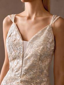 MOTF Soiréza Đầm cocktail thanh lịch, hở lưng, thêu sequin và họa tiết chắp vá, thích hợp cho mùa xuân/hè. - Màu xanh Bạc hà - Xem 3