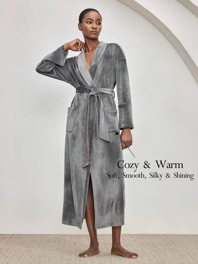 Ocili Women's Solid Color Minimalist Long Sleeve Robe, Everyday Wear