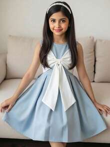 SHEIN Pitira 少女连衣裙、儿童派对礼服、花童礼服、公主裙、时尚吊带裙、女孩生日礼服、花童礼服、婚纱、晚礼服、大蝴蝶结礼服、连衣裙、派对礼服、庆典礼服 - 藍白色 - 查看 1