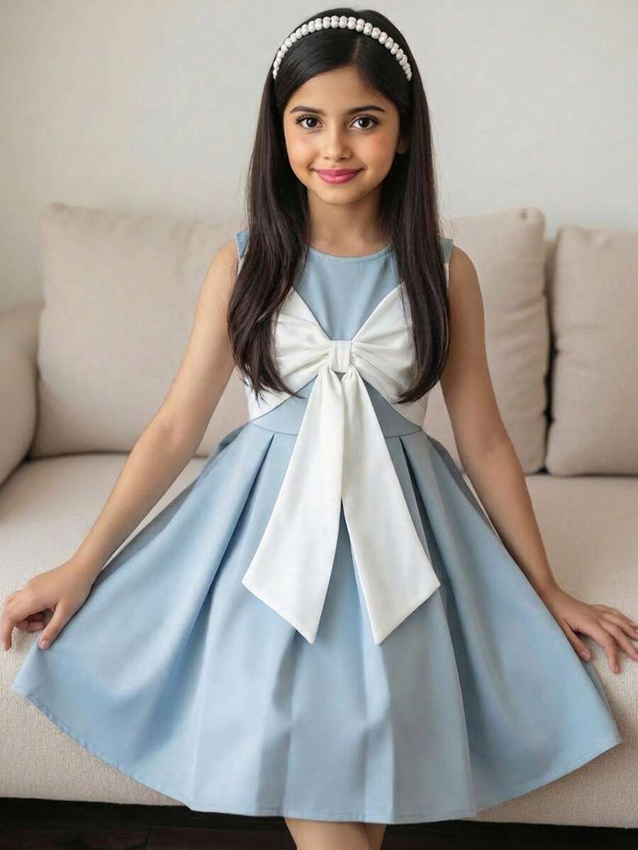 SHEIN Pitira 少女连衣裙、儿童派对礼服、花童礼服、公主裙、时尚吊带裙、女孩生日礼服、花童礼服、婚纱、晚礼服、大蝴蝶结礼服、连衣裙、派对礼服、庆典礼服 - 藍白色 - 查看 1