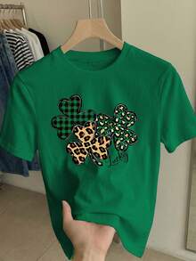 少女绿色圆领短袖印花T恤，休闲舒适时尚百搭豹纹格子三叶草图案短袖印花T恤，适合日常穿着、上学、外出、度假 - 綠色 - 查看 2