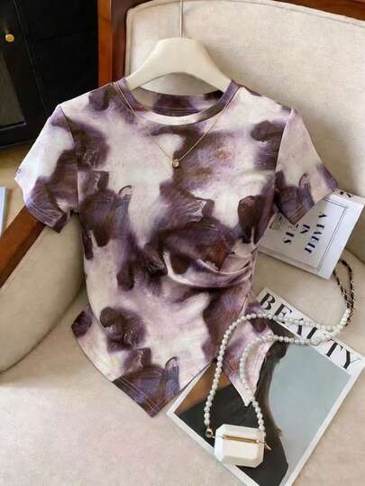 GlowEve 女士休闲印花圆领不对称下摆短袖T恤，夏季