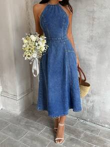 Sunnyshic 时尚优雅的露背系带拼接水洗牛仔连衣裙 - 深色水洗藍 - 查看 1