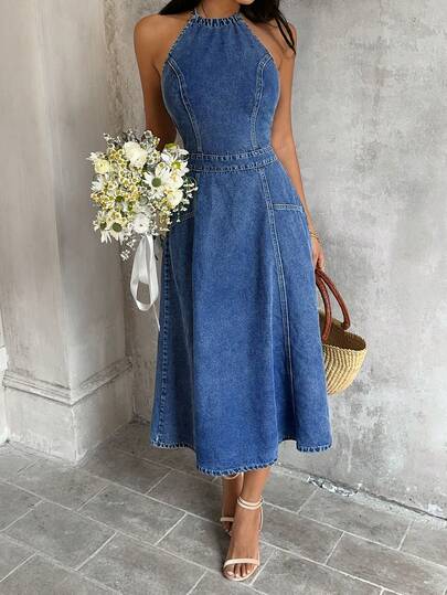 Sunnyshic 时尚优雅的露背系带拼接水洗牛仔连衣裙