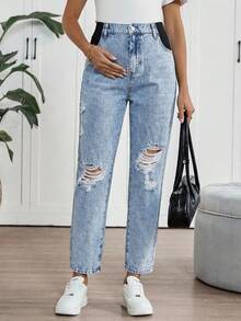 SHEIN Quần jean skinny lửng rách nhẹ, thích hợp mặc đi làm hàng ngày, phong cách đường phố, mùa xuân hè, ngày lễ tình nhân, lễ hội hóa trang, đi làm, nghỉ lễ, tốt nghiệp, sang trọng, phong cách Y2K, dễ thương, thời trang đường phố, dự tiệc, đám cưới, thanh lịch, công sở, thường ngày, nữ tính, quần jean nữ màu sáng, dáng rộng, cạp cao, rách nhẹ. - Màu xanh lam - Xem 1