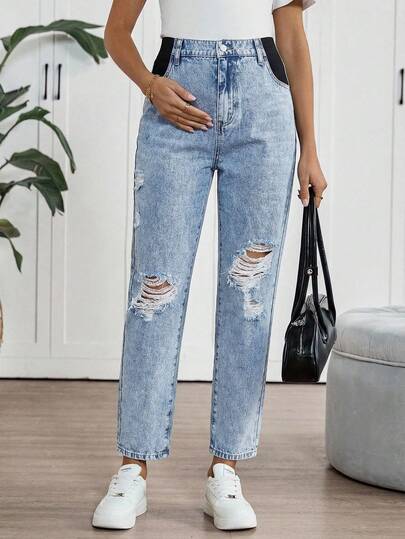SHEIN Maternity Casual Everyday Commute Fashion Street Distressed Cropped Skinny Jeans Spring To Summer Valentine's Day Carnival Costume Commuting Vacation Graduation Chic Y2k Cute Streetwear Party Wedding Elegant Business Casual Woman Stylish Ladies' Light Wash Relaxed Fit Jeans High Waist Ripped Denim Trousers