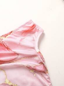 SHEIN 少女修身休闲碎花不对称肩连衣裙 - 粉色 - 查看 4