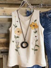 EMERY ROSE Nueva camisa sin mangas de lino estampado, adecuada para la playa, el uso diario y las vacaciones - Multicolor - Ver 4