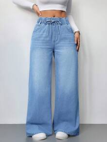 SHEIN Tall Quần jeans nữ dáng rộng cạp cao màu xanh dương, quần jeans nữ mùa hè, quần jeans cạp chun, quần jeans dáng suông rộng rãi, quần áo mùa hè cho nữ, trang phục đi chơi, trang phục dự lễ hội âm nhạc, quần jeans nữ cao, trang phục mùa hè cho nữ, quần jeans nữ, quần dài nữ, trang phục đi nghỉ mát, trang phục đi biển cho nữ. - Rửa trung bình - Xem 6
