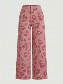 Selenza Women's Casual Fashion Street Leopard Print Rhinestone Embellished Straight Leg Jeans - Pink - View 7