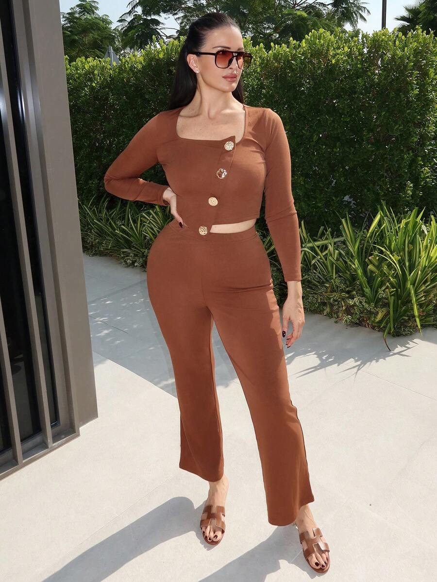 MDEdit Women's Elegant Office Commute Afternoon Tea Party Asymmetric Hem Long Sleeve Blazer Jacket And Elastic Waist Pants 2 Pieces Suit Set, Autumn/Winter Fall Cloth For Women - Brown - View 1