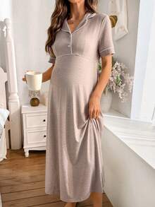 Moonlight&Mama 女士休闲撞色滚边翻领纽扣孕妇连衣裙，适合居家穿着或外穿 - 卡其色 - 查看 1