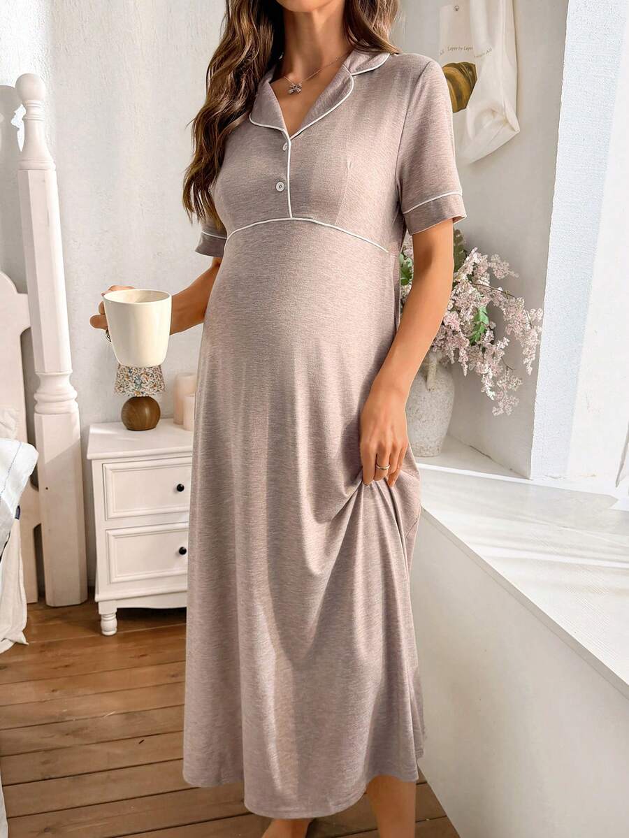 Moonlight&Mama 女士休闲撞色滚边翻领纽扣孕妇连衣裙，适合居家穿着或外穿 - 卡其色 - 查看 1