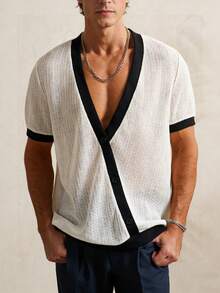 Manfinity Dauomo 休闲时尚男士撞色短袖宽松上衣 - 黑與白 - 查看 5