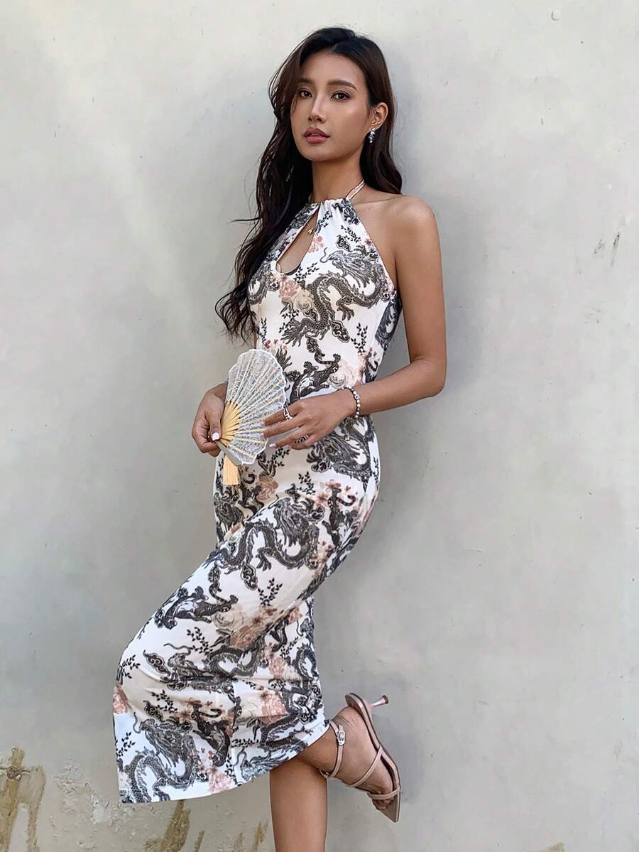 EastFlair 全身印花露背修身性感无袖连衣裙 - 白色 - 查看 1