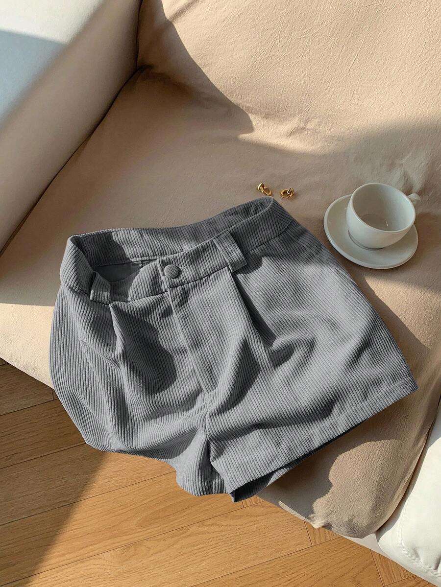 Comfortcana 女士休闲灰色灯芯绒褶皱短裤，秋季款 - 灰色 - 查看 1