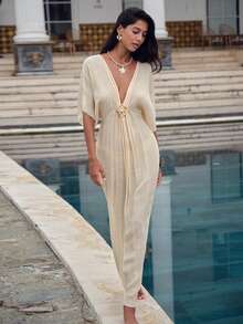 Swim Mulvari Women's Summer Vacation Metal Buckle Pleated Deep V Waist Wrap Dress - Beige - View 9