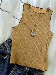 INAWLY Women's Crew Neck Textured Sleeveless Casual Top - Brown - View 1