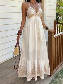 Sunnyshic Đầm nữ cổ chữ V kiểu Bohemian in họa tiết, thắt eo, thích hợp cho kỳ nghỉ biển, mùa xuân/hè. - Nhiều màu - Xem 5