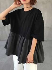 FRIFUL Women's Round Neck Mixed Material Ruffle Hem Loose Summer Short Sleeve T-Shirt - Grey - View 1