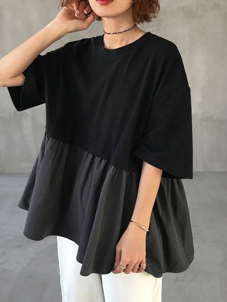 FRIFUL Women's Round Neck Mixed Material Ruffle Hem Loose Summer Short Sleeve T-Shirt - Grey - View 1