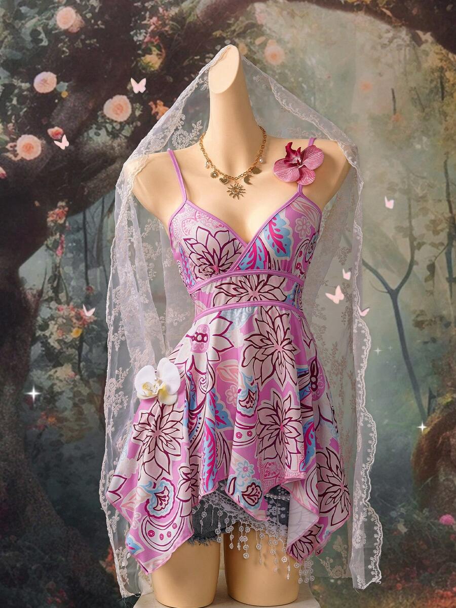 EgrlEra Áo hai dây nữ kiểu dáng Y2K thời thượng, in hoa, ôm sát, thoải mái, vạt áo bất đối xứng, thích hợp cho kỳ nghỉ, bãi biển, lễ hội âm nhạc. - Hồng - Xem 1