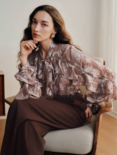 Anewsta Elegant Floral Jacquard Tie Collar Ruffle Hem Sheer Long Sleeve Blouse For Women