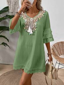 EMERY ROSE Women Fashionable Notched V-Neck Dress With Colored Pom-Pom Decoration Vacation Beach Outfit - Mint Green - View 3