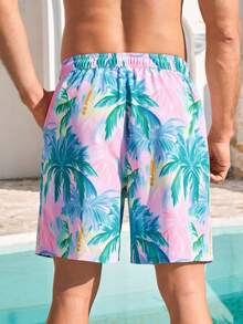 Manfinity Swimmode 男士棕榈树印花抽绳腰带时尚休闲沙滩短裤，男士配套泳裤，男士泳裤，男士沙滩装，男士泳裤短裤，夏威夷男士泳裤，粉色泳池派对装，迈阿密度假装，男士沙滩装 - 粉色 - 查看 2