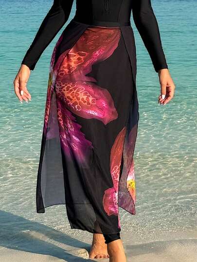 Swim Shayni Nueva falda maxi transparente con estampado floral, vestido de playa de cobertura de traje de baño de cintura alta