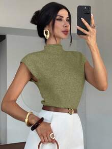 Firerie 优雅高领宽松休闲百搭无袖针织背心，适合外出穿着，秋冬季校园上衣 - 綠色 - 查看 7