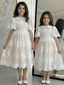 SHEIN Tween Girl Elegant Doll Collar Mesh Embroidered Fabric Dress - White - View 1