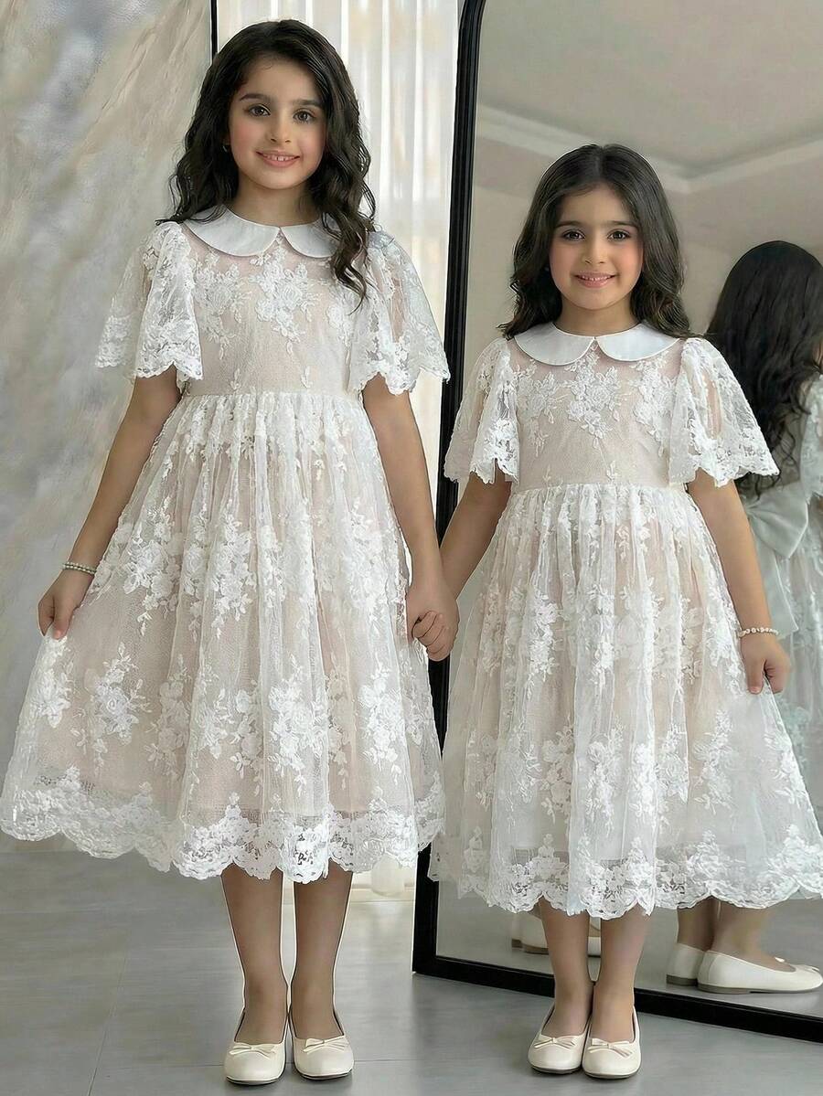 SHEIN Tween Girl Elegant Doll Collar Mesh Embroidered Fabric Dress - White - View 1