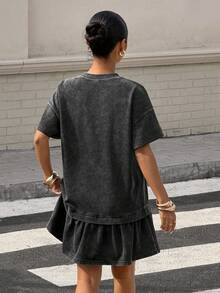 Muchica 黑色针织女式圆领落肩荷叶边下摆水洗连衣裙 - 黑色 - 查看 2