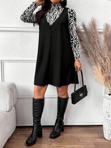 SHEIN Frenchy 大码女式斑马纹长袖立领T恤和围兜连衣裙休闲两件套 - 黑色 - 查看 7