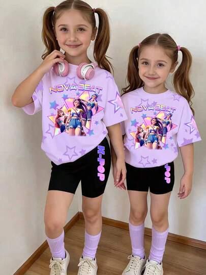 2pcs/Set Young Girl Casual K-POP Cartoon Girl Heart Print Short Sleeve Sweatshirt And Matching Shorts Set, Suitable For Daily And Holiday Leisure Wear, Comfortable And Cozy