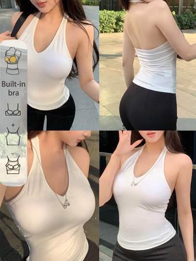 DAZY Women's Sexy Backless Solid Color Slim Fit Halter Neck Camisole, Suitable For Daily And Commuting, Summer