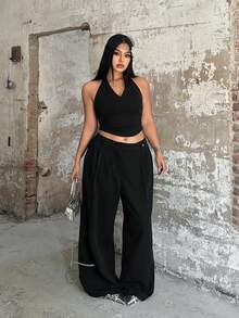 POPSWAY Quần ống rộng xếp ly màu trơn dành cho nữ cỡ lớn, có túi thật, thích hợp cho mùa xuân/hè. - màu đen - Xem 5