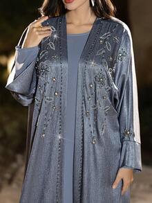 Layrah Elegant Silver-Gray Glossy Textured Fabric Handmade Rhinestone Embellished Abaya - Grey - View 2