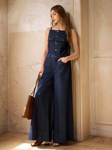 Selenza Women's Asymmetric Pocket Button Casual Jumpsuit - Blue - View 7