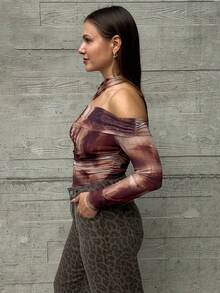 Women's Summer Tie Dye Printed Asymmetrical Collar Ruched Slim Fit Bodysuit - Brown - View 5