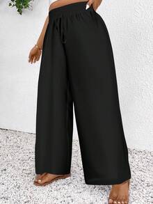 CosyJoli 大码女式新款春夏黑色纯色沙滩短裤，适合情人节等场合，时尚通勤，条纹阔腿裤带口袋。沙滩度假/大学生度假风邮轮女式夏季宽松裤/宽松裤，大码女式休闲裤。 - 黑色 - 查看 4